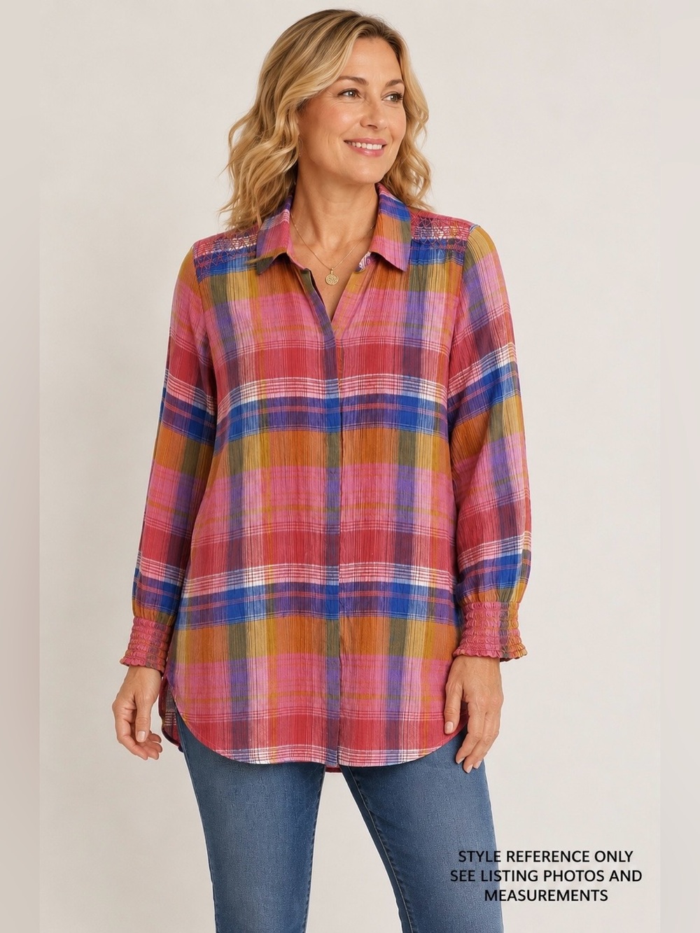 Soft Surroundings‎ Plaid Crinkle Cotton Tunic Shirt L
